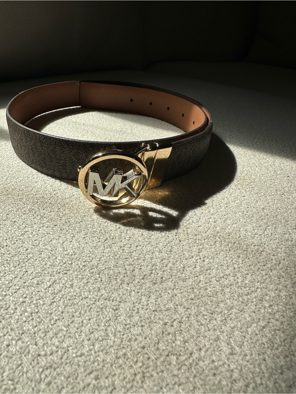 Michael Kors Brown Logo Buckle Leather Belt - Gold Hardware Reversible